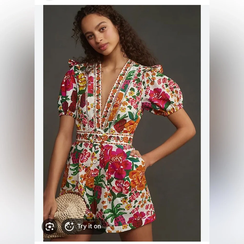 FARM Rio White Floral Belted Romper with Pink, Green & Yellow - Picture 6 of 7